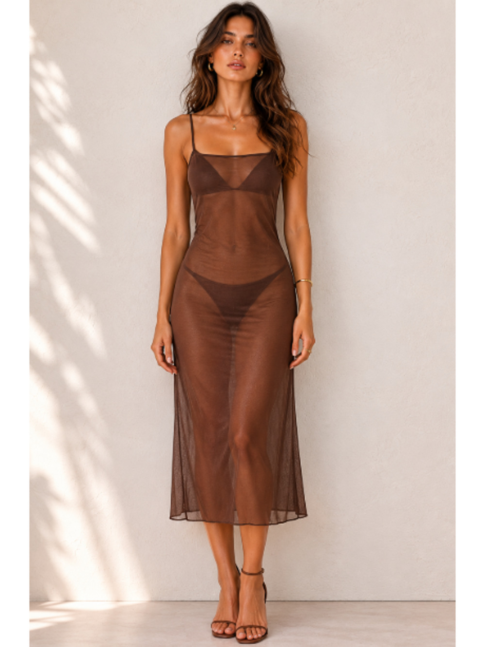 Paloma Wool Brown Sheer Mesh Midi Slip Dress Sz L Minimalist Layering Designer
